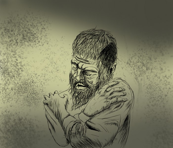 Sketch of a man hugging himself