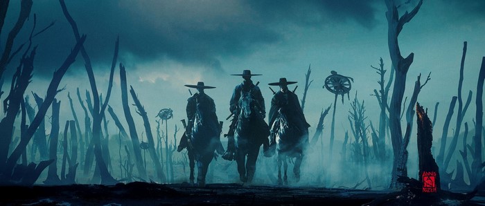 Three cowboys on horseback in a desolate landscape