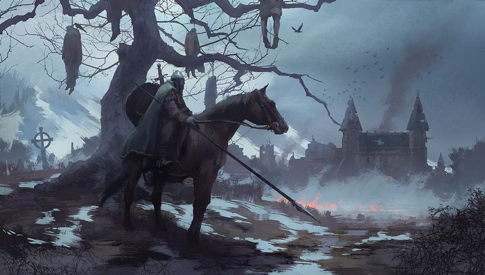 Medieval knight on horseback with hanged corpses and a castle