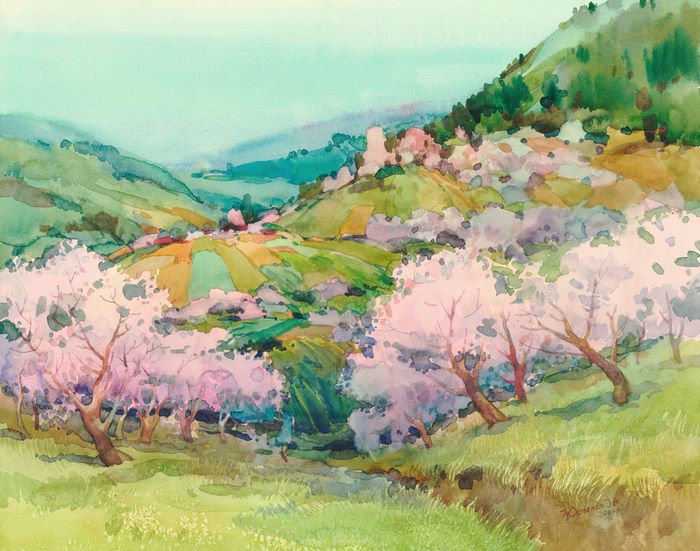 Watercolor painting of a blooming almond orchard in a valley
