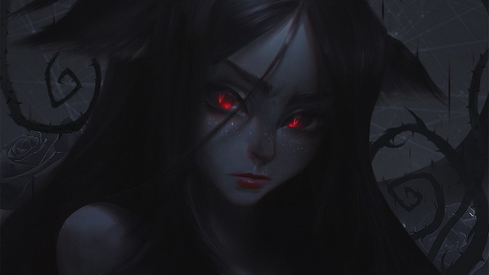 Dark fantasy art of a creature with red eyes