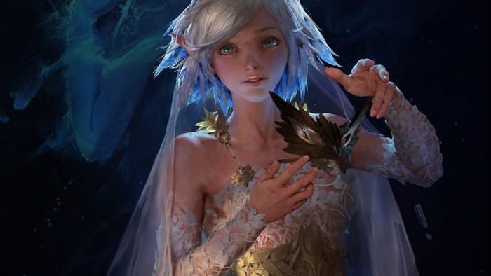 Fantasy art of a woman with blue hair and a mask