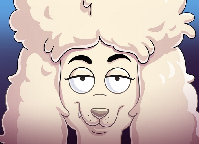 A cartoon poodle with a fluffy white coat and a smug expression.