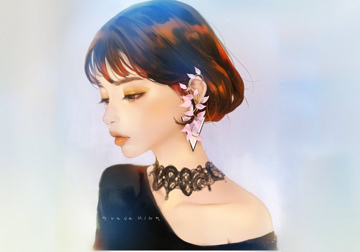 Anime girl with flower earring and choker