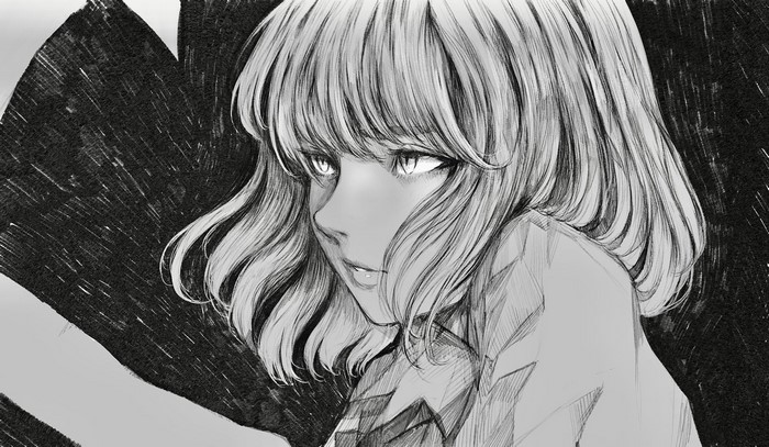 Monochrome anime girl with blonde hair
