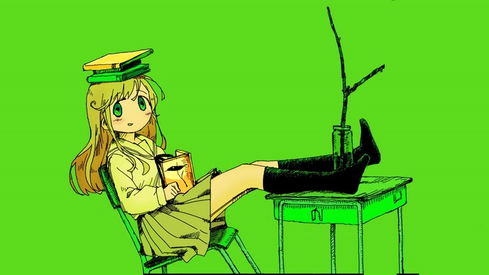 Anime girl with books on her head and desk