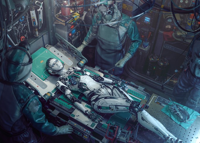 Futuristic Robot Surgery in Cyberpunk Laboratory