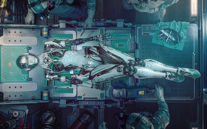 Gynoid undergoing surgery in a futuristic laboratory