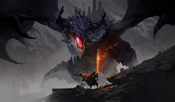 Dragon vs Knight with Fiery Sword