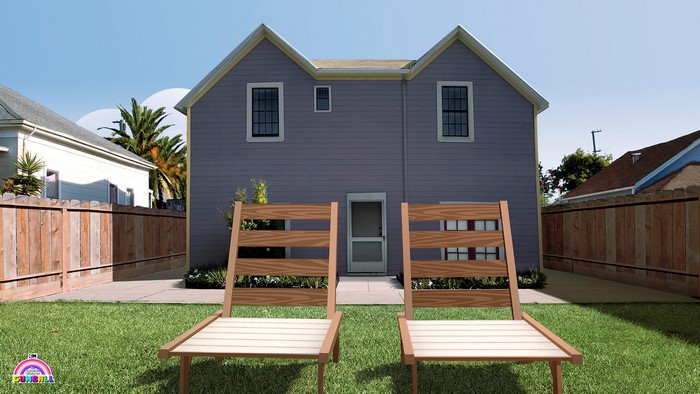 Two empty chairs in a backyard with a house in the background
