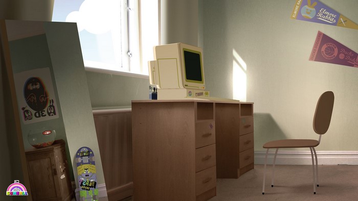 Gumball's room with computer and skateboard
