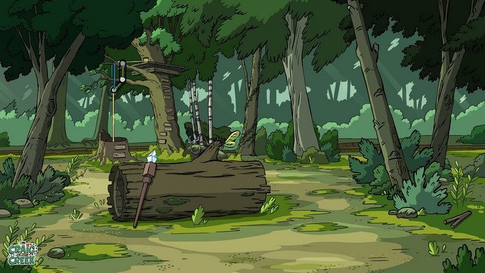 Craig of the Creek forest scene with treehouse and log