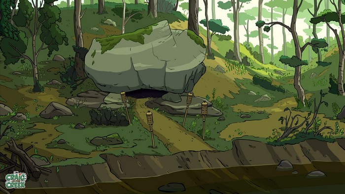 Cartoon forest scene with a large rock and torches