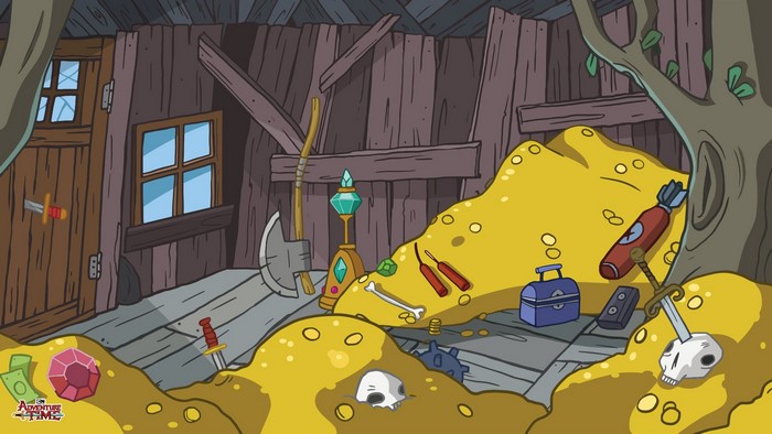 Adventure Time treasure hoard in a wooden shack