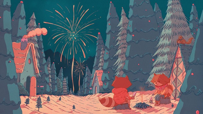 Raccoons watching fireworks in a snowy forest