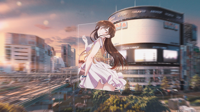 Anime girl in a city with trains