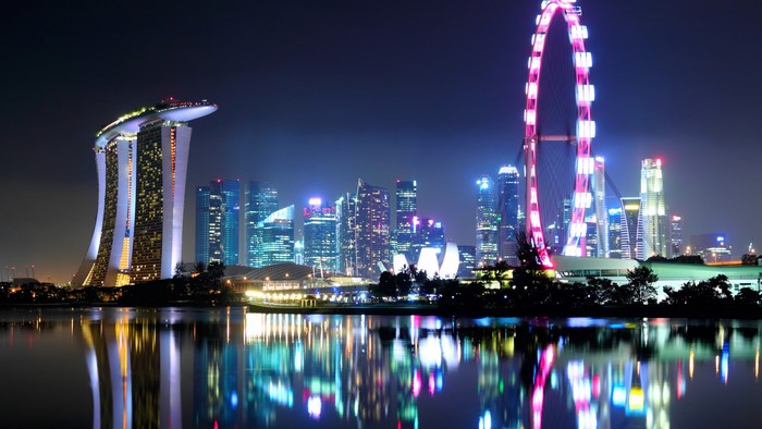 Singapore skyline with Marina Bay Sands and Singapore Flyer at night