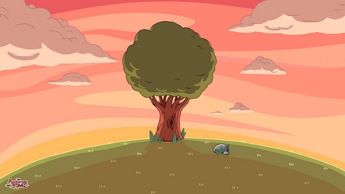 Adventure Time landscape with a tree at sunset