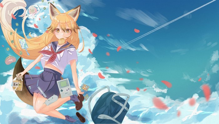 Girl with fox ears in school uniform eating snack