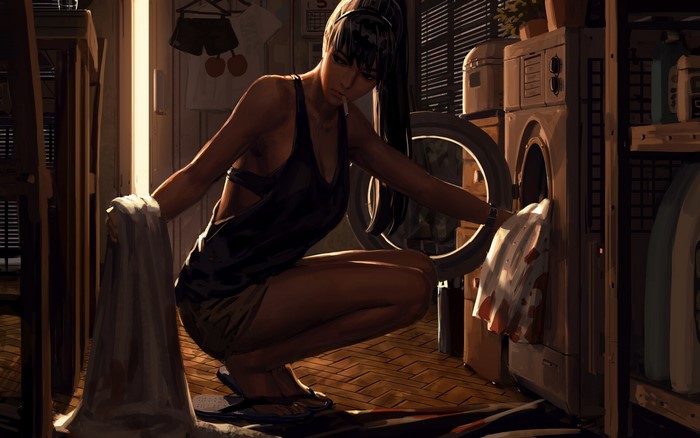 Woman smoking and doing laundry by GUWEIZ