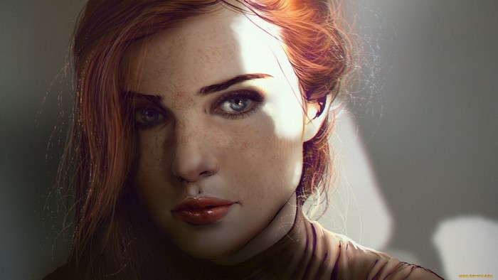 Artwork of a woman's face with red hair and freckles