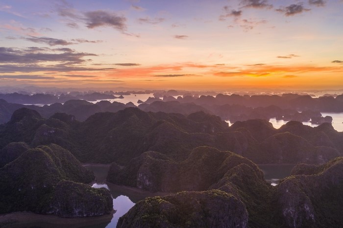 Hills and islands at sunset in Asia