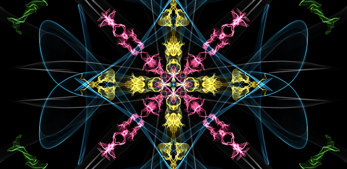 Abstract symmetrical pattern with pink, yellow, and blue silk weaves