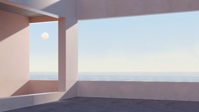 Architectural interior with ocean view and sun