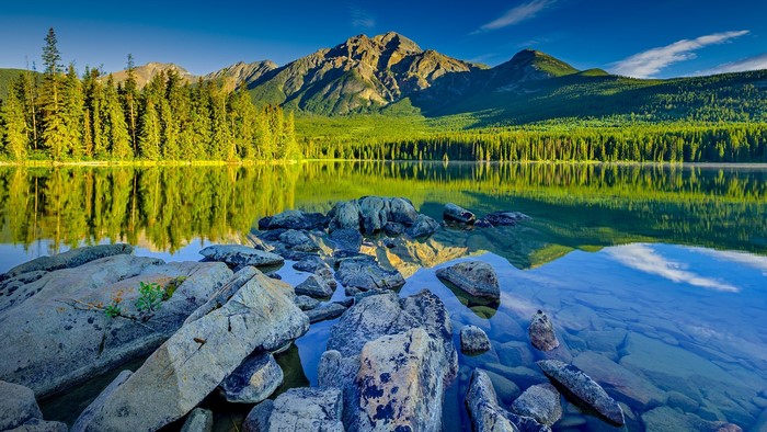 Pyramid Mountain reflected in a lake in Jasper National Park, Canada