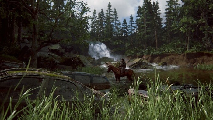 Ellie from The Last of Us on horseback near a waterfall