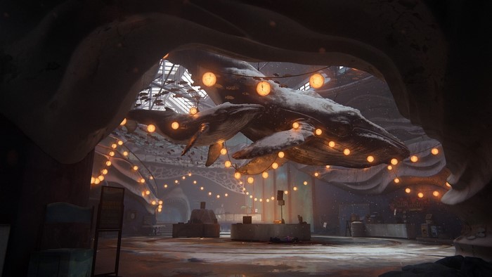 Whales and lights in a cavernous space