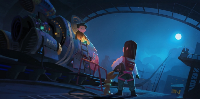 Fei Fei and Chin on a spaceship at night