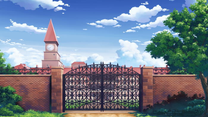 Mansion gate with clock tower and trees