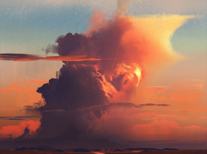 Digital painting of sunset clouds over a landscape