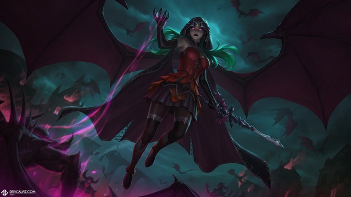 Vampire girl with wings and sword in dark fantasy art