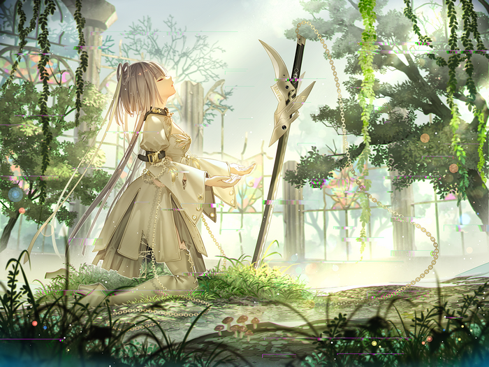 Anime girl kneeling with sword and chains