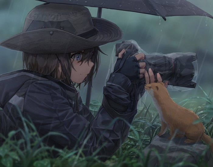 Anime girl with camera and weasel in the rain