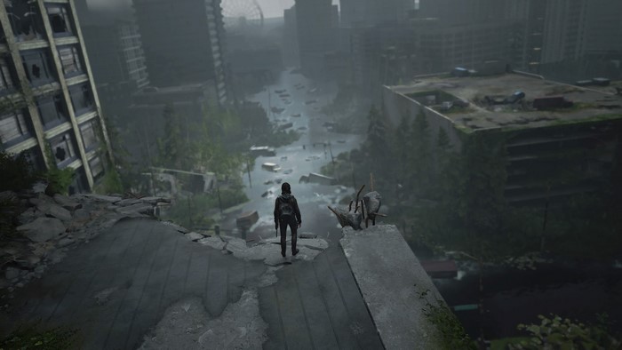 Ellie from The Last of Us in a ruined city