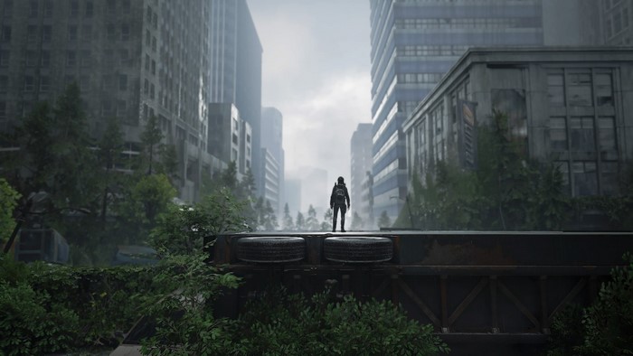 Ellie from The Last of Us in a post-apocalyptic city