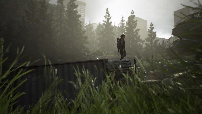 Ellie from The Last of Us Part II in a post-apocalyptic city