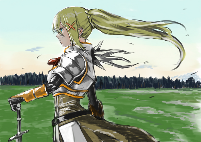 Darkness from KonoSuba in armor with a sword