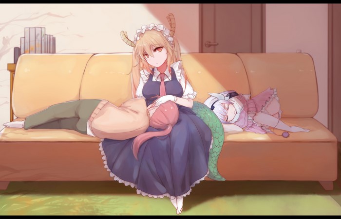 Tohru and Kanna from Kobayashi-san Chi no Maid Dragon sleeping on a couch