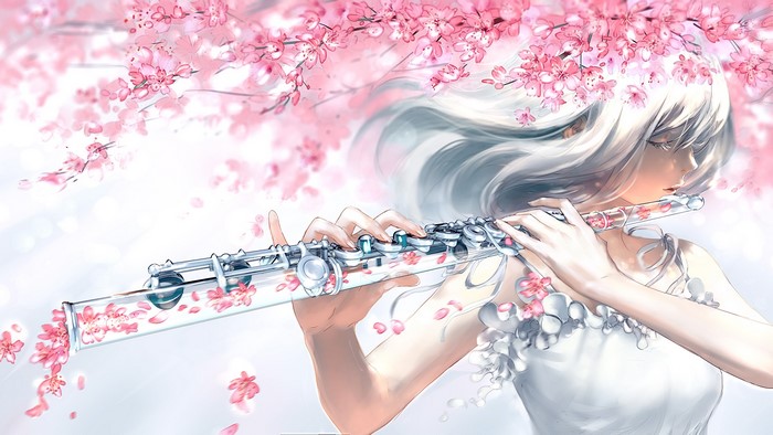 Anime girl with white hair playing a flute surrounded by cherry blossoms