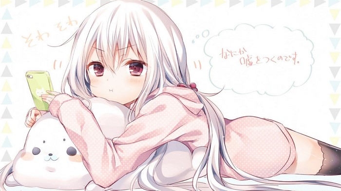 Anime girl with white hair holding a phone