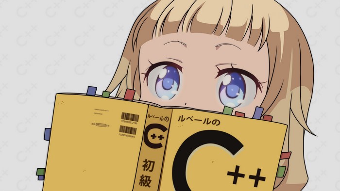 Anime girl with blue eyes reading C++ book