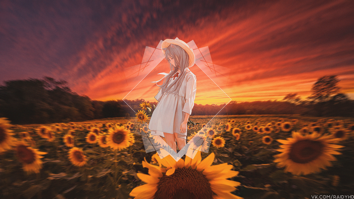 Anime girl in sunflower field at sunset