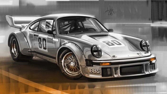 Digital art sketch of a silver Porsche 930 race car