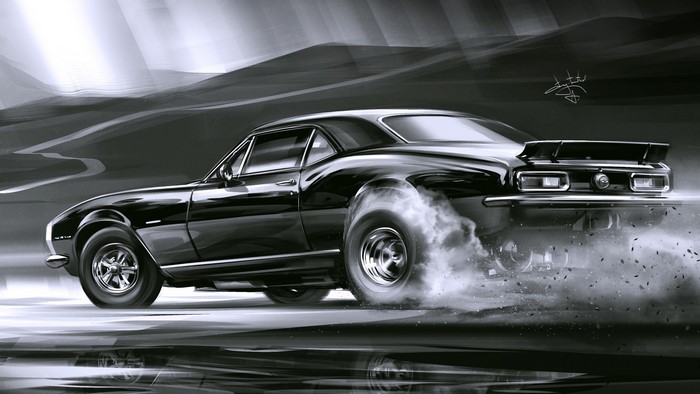 Black Camaro SS doing a burnout, digital art