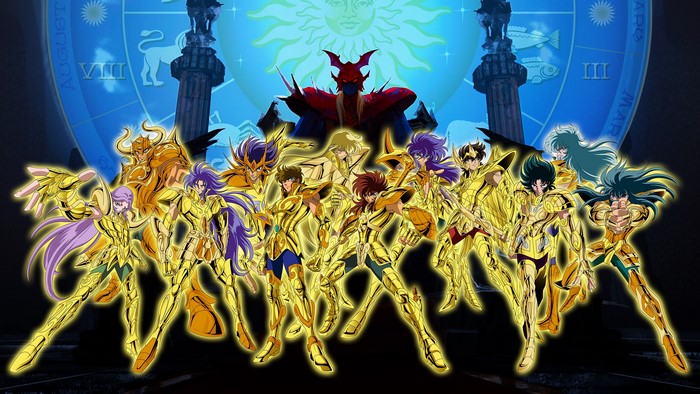 Gold Saints from Saint Seiya with Zodiac background