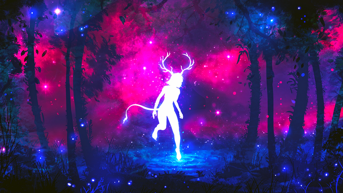 Silhouette of a deer-like creature with horns in a forest